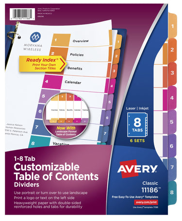 Avery 8 Tab Dividers for 3 Ring Binders, Customizable Table of Contents, Multicolor Tabs, 6 Sets (11186)